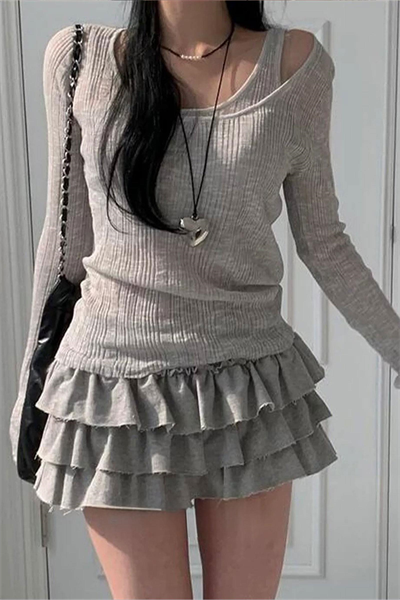 Gri Ek Askılı Madonna Yaka Harajuku Grunge Y2K Uzun Kollu Crop