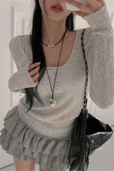 Gri Ek Askılı Madonna Yaka Harajuku Grunge Y2K Uzun Kollu Crop