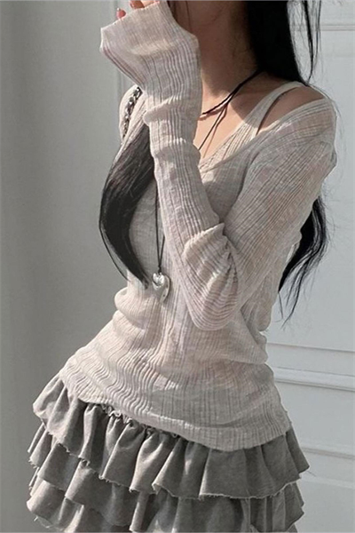 Gri Ek Askılı Madonna Yaka Harajuku Grunge Y2K Uzun Kollu Crop