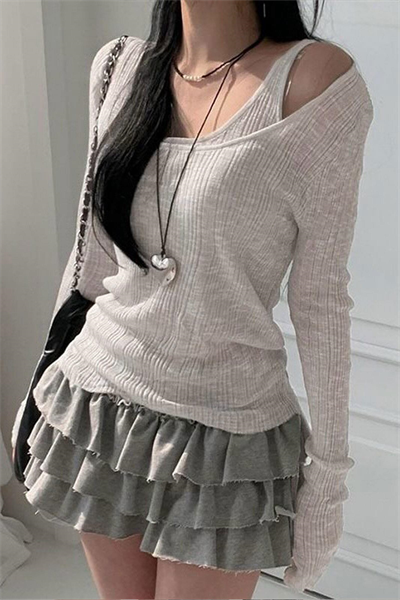 Gri Ek Askılı Madonna Yaka Harajuku Grunge Y2K Uzun Kollu Crop