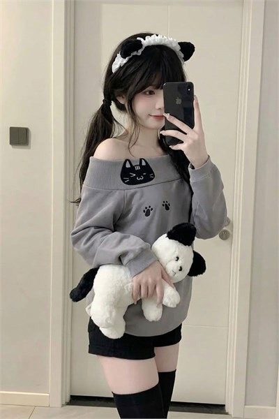 Gri Kawai Cat Harajuku Y2K Uzun Kollu Off Shoulder