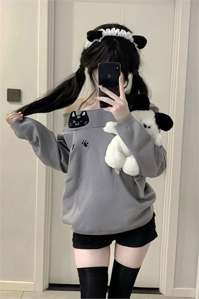 Gri Kawai Cat Harjauku Y2K Uzun Kollu Off Shoulder