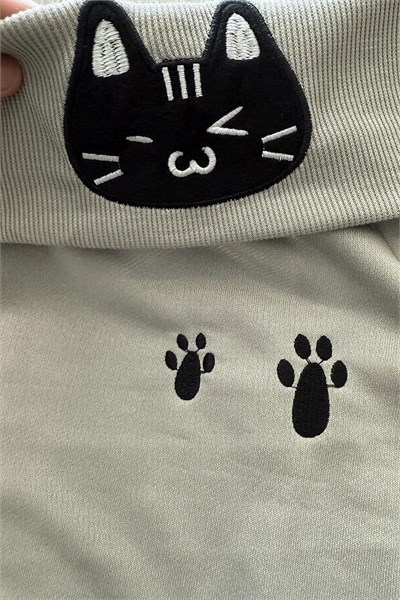 Gri Kawai Cat Harajuku Y2K Uzun Kollu Off Shoulder