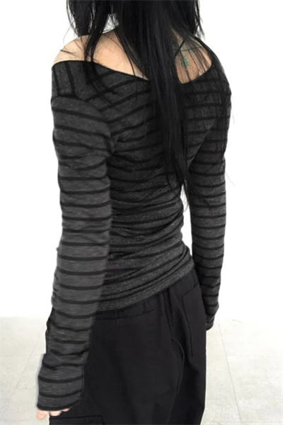 Gri Madonna Yaka Siyah Gotik Y2K Şeritli Uzun Kollu Crop