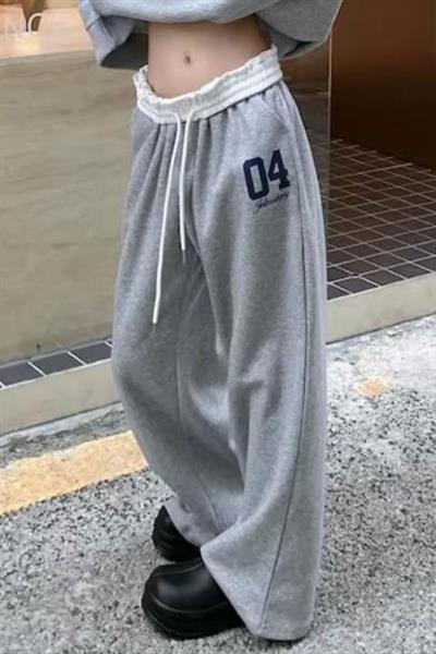 Gri Melanj  04 Number Beyaz Beli Lastikli Y2K Unisex Eşofman