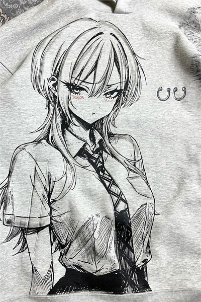 Gri Melanj Anime Gİrl Manga Gotik Y2K Unisex Kapüşonlu Sweatshirt