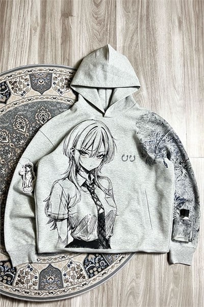 Gri Melanj Anime Gİrl Manga Gotik Y2K Unisex Kapüşonlu Sweatshirt