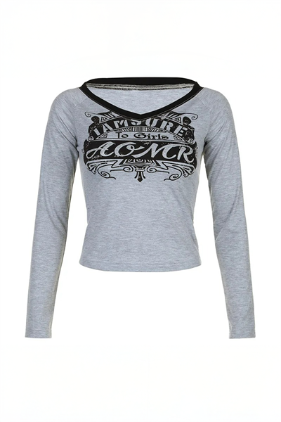 Gri Melanj AOMR Siyah Geniş Yaka Y2K Uzun Kollu Crop