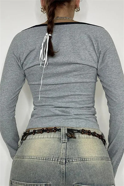 Gri Melanj AOMR Siyah Geniş Yaka Y2K Uzun Kollu Crop