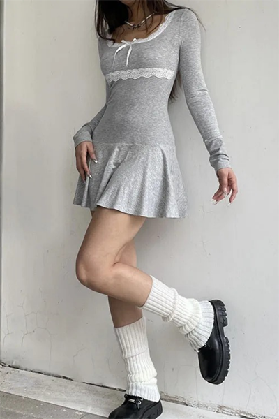 Gri Melanj Dantel Ve Fiyonk Detaylı Elbise