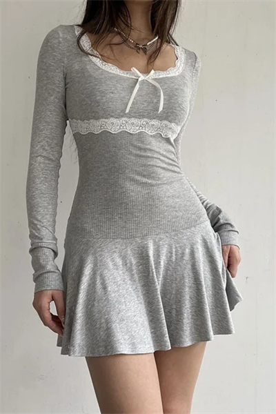 Gri Melanj Dantel Ve Fiyonk Detaylı Elbise