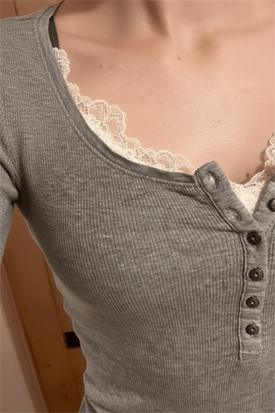 Gri Melanj Dantelli Henley Yaka Düğmeli Street Y2K Uzun Kollu Crop