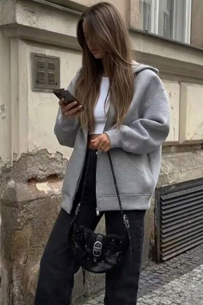Gri Melanj Kalın Kumaş Y2K Unisex Kapüşonlu Hırka