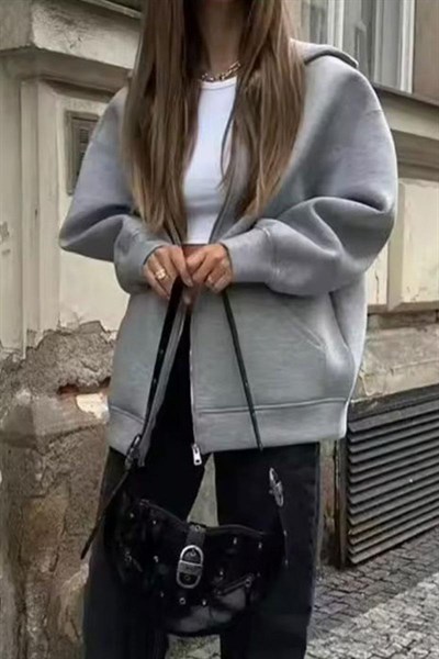 Gri Melanj Kalın Kumaş Y2K Unisex Kapüşonlu Hırka