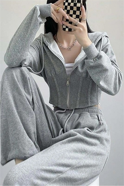Gri Melanj Korse Kesim Y2K Crop Hırka & Eşofman Takımı 