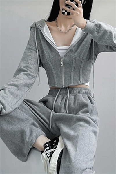 Gri Melanj Korse Kesim Y2K Crop Hırka & Eşofman Takımı 