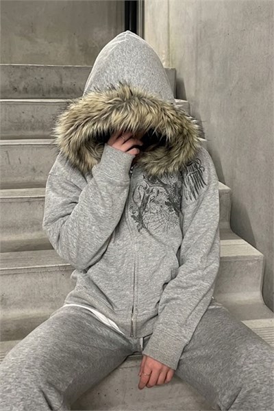 Gri Melanj Kürk Detaylı Skull Motifli Gotik Y2K Kapüşonlu Sweatshirt