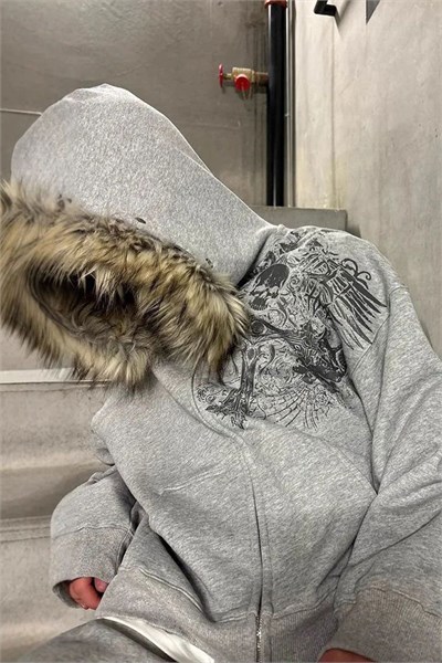 Gri Melanj Kürk Detaylı Skull Motifli Gotik Y2K Kapüşonlu Sweatshirt