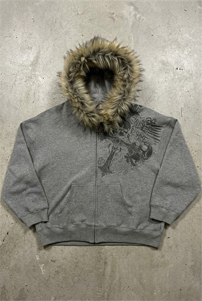 Gri Melanj Kürk Detaylı Skull Motifli Gotik Y2K Kapüşonlu Sweatshirt