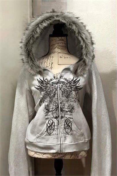 Gri Melanj Kürklü Tribal Wings Gotik Y2K Crop Hırka