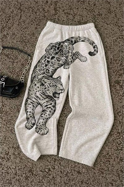 Gri Melanj Leopar Wide Leg Unisex Harajuku Y2K Eşofman