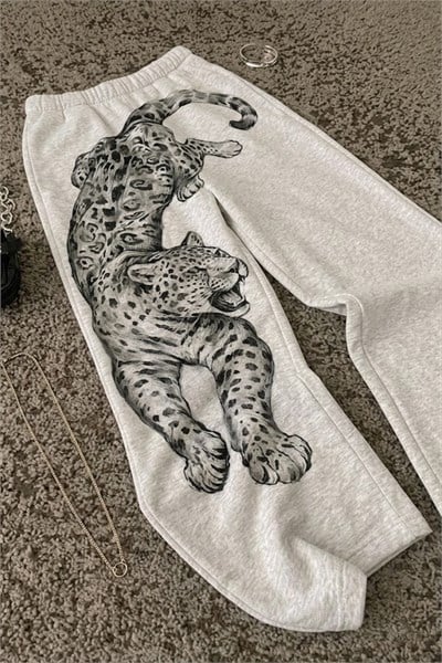 Gri Melanj Leopar Wide Leg Unisex Harajuku Y2K Eşofman