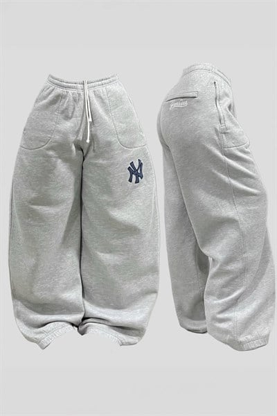 Gri Melanj NY Nakışlı Baggy Eşofman Altı