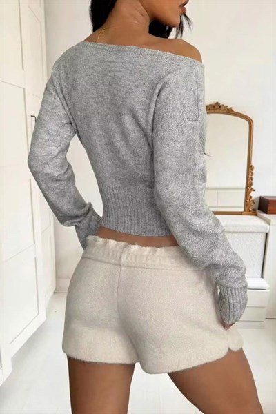 Gri Melanj Omuz Dekolteki Düz Fitilli Y2K Uzun Kollu Crop