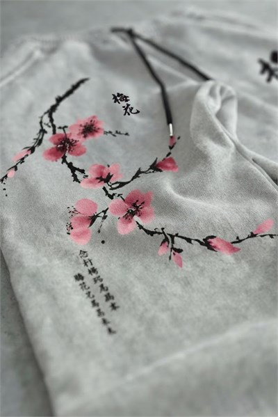 Gri Melanj Sakura Beli Lastikli Streetwear Y2K Unisex Eşofman