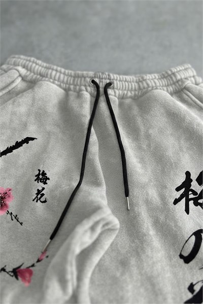 Gri Melanj Sakura Beli Lastikli Streetwear Y2K Unisex Eşofman