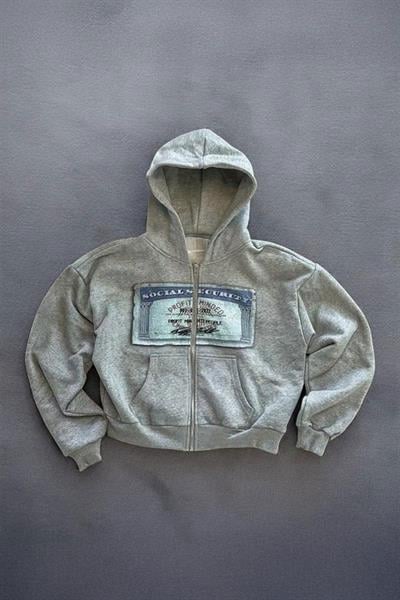 Gri Melanj Social Security Y2K Kapşonlu Unisex Hırka