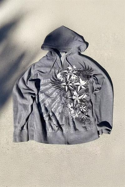 Antrasit Stars Skull Gotik Y2K Kapüşonlu Unisex Hırka