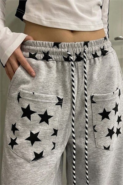 Gri Melanj Stars Ters Cepli Y2K Üç İplik Baggy Eşofman