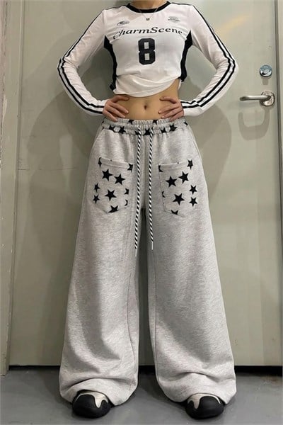 Gri Melanj Stars Ters Cepli Y2K Üç İplik Baggy Eşofman