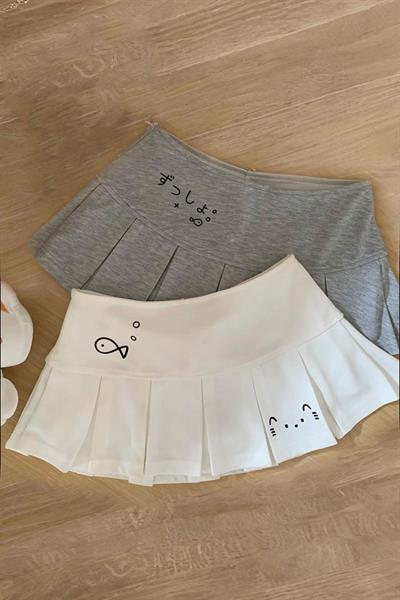 Gri Pileli Fish and Cat Baskılı Micro Şort Etek