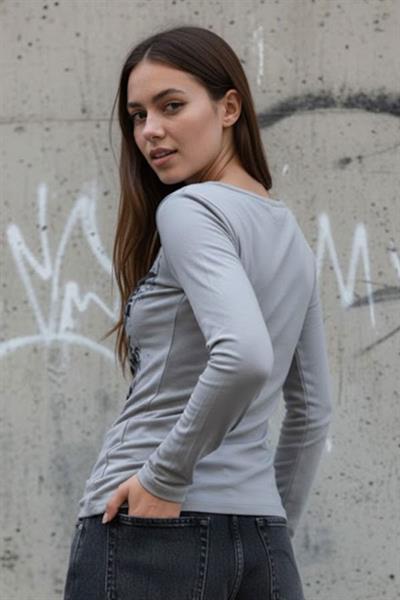 Gri Renol Trut Askılı Ekli Y2K Uzun Kollu Crop