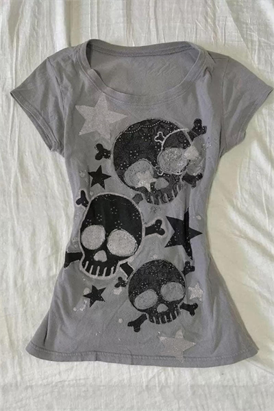 Gri Skull Yıldız Detaylı Baskılı Grunge Y2K Kısa Kollu Crop