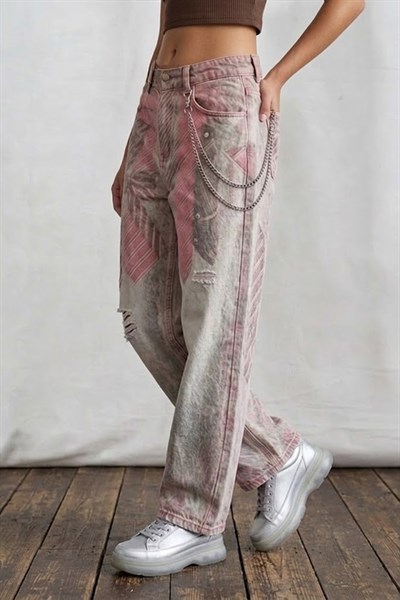 Gri Yıkamalı Pembe Kravat Detaylı Y2K Baggy Pantolon