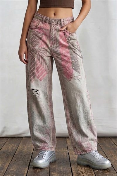 Gri Yıkamalı Pembe Kravat Detaylı Y2K Baggy Pantolon