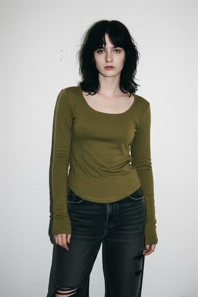 Haki Basic Y2K Uzun Kollu Crop