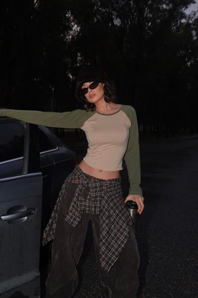 Haki Raglan Kollu Bej Basic Uzun Kollu Crop