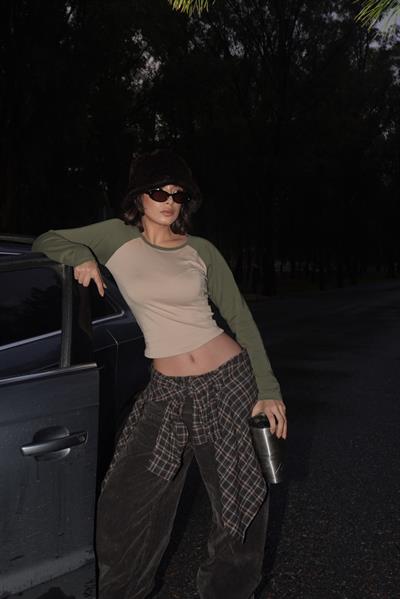 Haki Raglan Kollu Bej Basic Uzun Kollu Crop