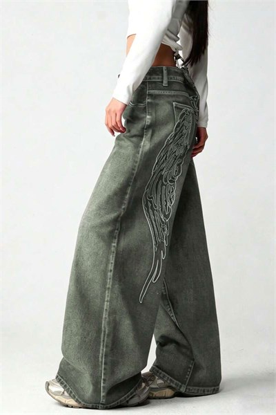 Haki Yıkamalı Melek Kanatlı Harajuku Y2K Unisex Baggy Pantolon
