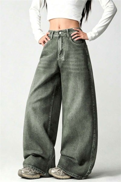 Haki Yıkamalı Melek Kanatlı Harajuku Y2K Unisex Baggy Pantolon