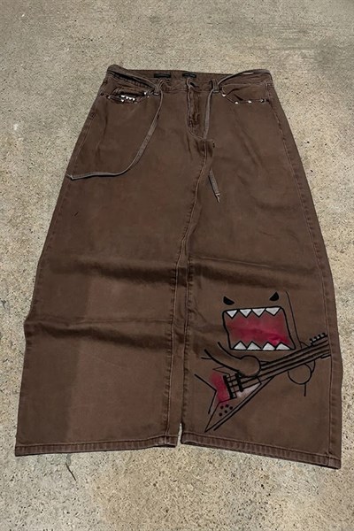 Kahverengi Domo-Kun Y2K Unisex Baggy Pantolon