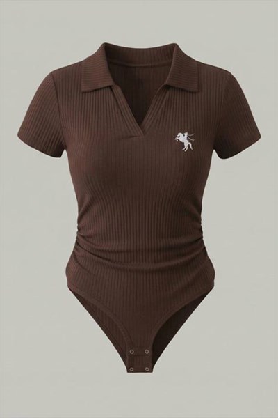 Kahverengi Polo Ribana Y2K Çıtçıtlı Body