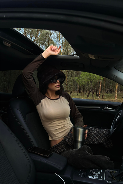 Kahverengi Raglan Kollu Bej Basic Y2K Uzun Kollu Crop