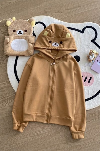 Kahverengi Rilakkuma Kawai Y2K Unisex Hırka