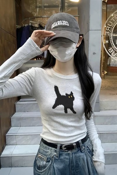 Kar Melanj Cat Bisiklet Yaka Street Y2K Uzun Kollu Crop 