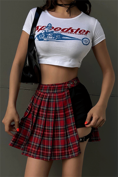 Kırmızı Ekoseli Kemerli Mini Şortlu Etek